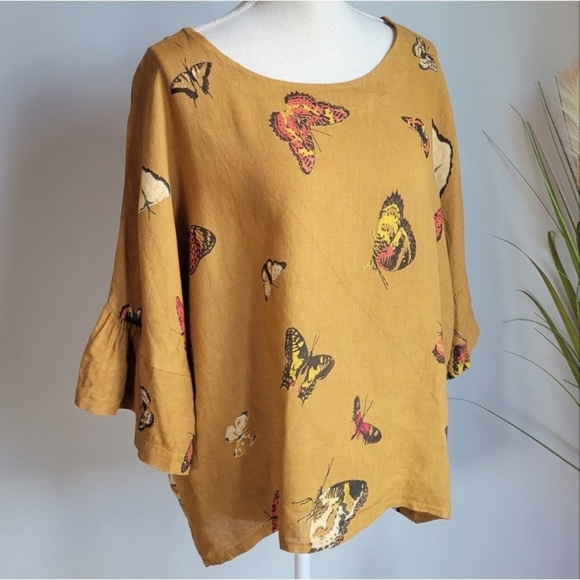 Linen Blouse Lagenlook Top oversized S M Made in Italy Natural Fiber butterfly - Picture 1 of 12